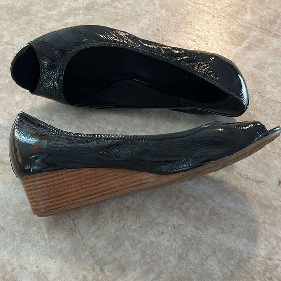 Cole Haan Black Patent Peep Toe Wedges - Picture 6 of 6